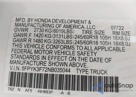 2022 Honda Ridgeline Rtl-E from USA, damaged, VIN 5FPYK3F72NB035044